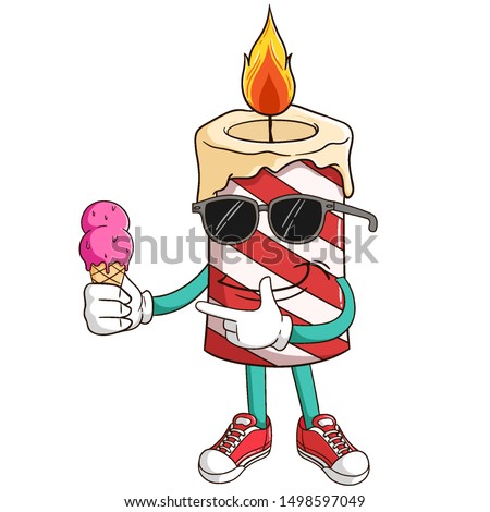 Candle cartoon character holding melted ice cream with funny cool face