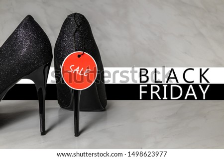 Black Friday sale background. Black women shoes discount. Heels with sale sign and black friday text.