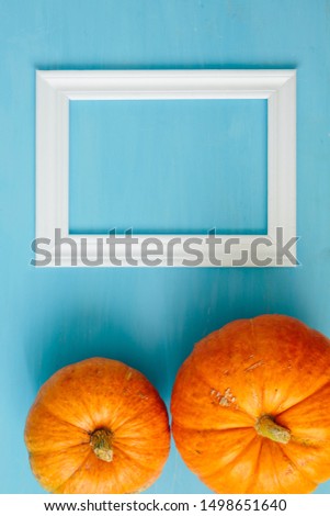 Orange pumpkins with white frame for picture on blue wooden background Thanksgiving and Halloween concept. View from above. Top view. Copy space for text and design. Vertical image for smartphone