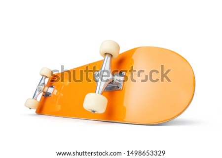 Yellow skateboard deck, isolated on white background. File contains a path to isolation