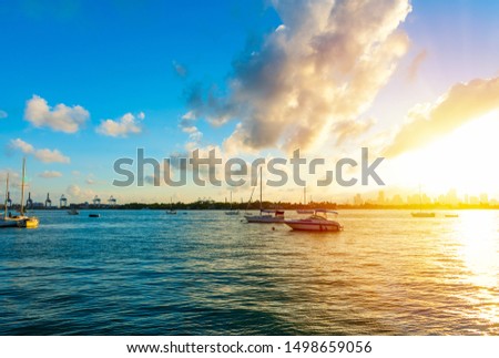 Miami Beach bayfront under a shining sun at sunset. Southern Florida, USA