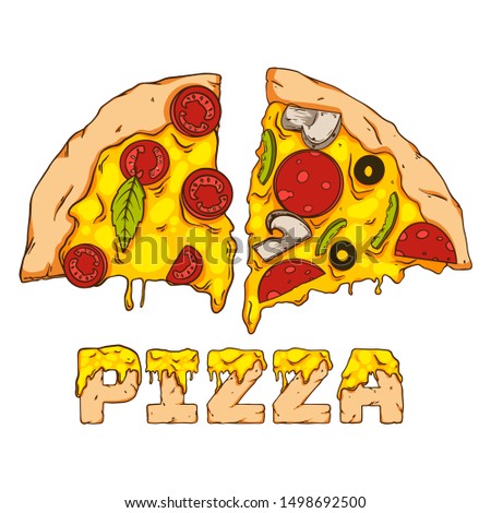 Pieces of pizza on a white background, hand-drawn. Juicy vector illustration.