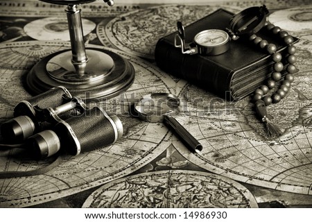 Old fashioned objects on the vintage map