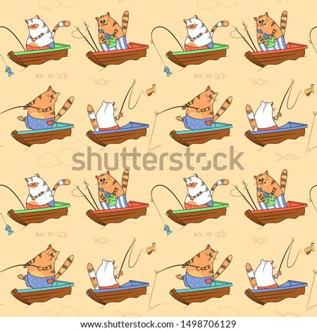 Seamless pattern with ginger and white cats, colorful boats and fishing rods
