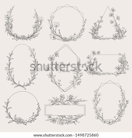 Collection of geometric vector floral frames. Round, oval, triangle, square Borders decorated with hand drawn delicate flowers, branches, leaves, blossom. illustration
