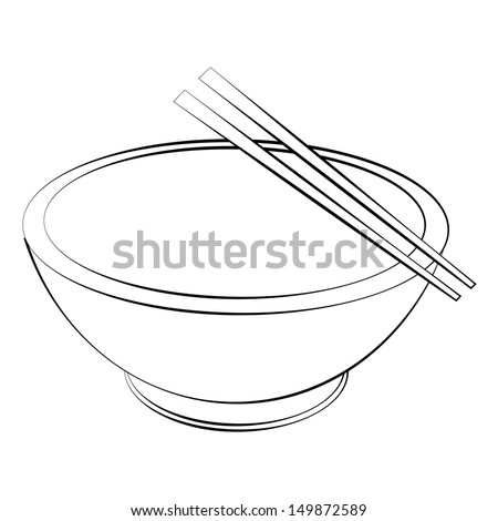 Black outline vector bowl and chopsticks on white background.