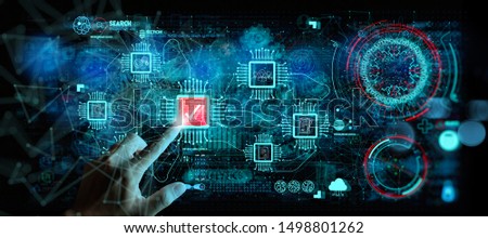 Hand touching with Data Management System (DMS) and Business Analytics concept with servers connected to dashboard. 