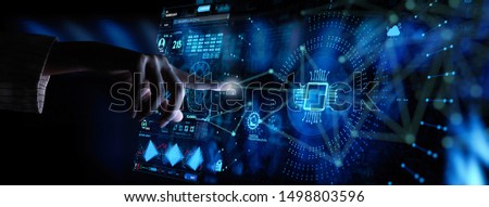 Hnad working with Digital transformation change management and internet of things (IoT) Ui. Royalty-Free Stock Photo #1498803596