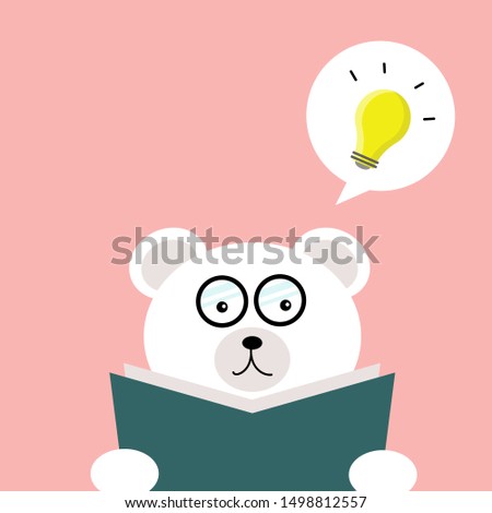 Education concept: Cute white bear is reading a book with yellow bulb in the speech bubble 