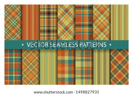 Set plaid pattern seamless. Tartan patterns fabric texture. Checkered geometric vector background. Scottish stripe blanket backdrop. Fashion cloth collection tile flat design textile.