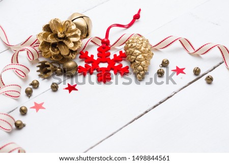 Christmas decorations frame on white wooden table background