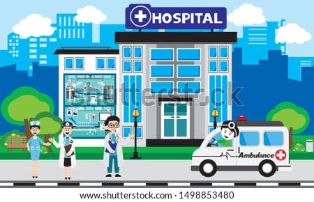 Patient care concept. Vector of doctor team standing on a hospital building, ambulance car background