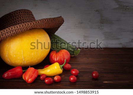 Pumpkin in a hat, zucchini with scattered tomatoes and peppers on the boards. The boards are brown, the background is carelessly painted with white paint. Vignette.
