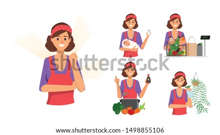 Woman in housewife character and mother. Maid house routine.