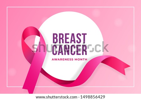 Breast cancer awareness month poster background concept design. Realistic pink bow ribbon with circle badge vector illustration template Royalty-Free Stock Photo #1498856429
