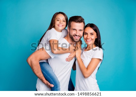 Foster family spending sunny weekend playing outdoor games wear casual outfit isolated blue background