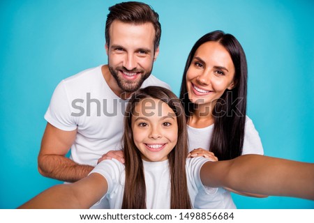 Photo of daddy mommy and small lady making selfies wear casual outfit isolated blue background