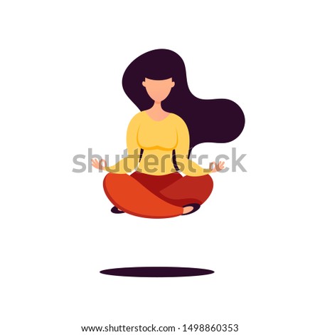 Woman meditating in lotus pose and levitates over the floor. Concept for banner, postcard or poster.