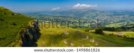 Aerial panorama of the limestone cliffs at Llangattock in the Brecon Beacons, South Wales Royalty-Free Stock Photo #1498861826