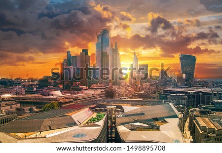 City of London business and banking area at sunset. London, UK