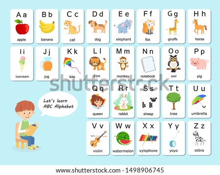 English vocabulary and alphabet flash card vector for kids to help learning and education in kindergarten children. Words of letter abc to z ,each card isolated on white background. Royalty-Free Stock Photo #1498906745