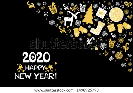 Happy new year 2020! Vintage card. Celebration black background with Deep, santa's boot, Christmas tree, gift box, Xmas candy cane, snowflake and place for your text. Winter holidays. Vector