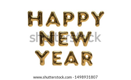 Happy New Year Text 3D-Illustration (Rendering) with gold Foil Helium Balloons, isolated on a white Background