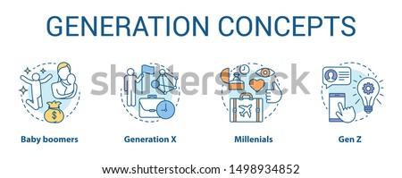 Generation concept icons set. Age groups idea thin line illustrations. Baby boomers. Gen Z and millennials. Generation X. Peer groups. Vector isolated outline drawings. Editable stroke Royalty-Free Stock Photo #1498934852