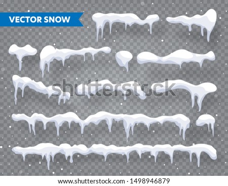 Snow, ice cap with shadow set. Snowfall with snowflakes. Winter season. Isolated on transparent background Christmas card design element.