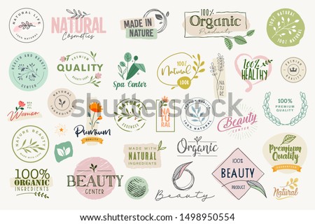 Set of signs and elements for beauty, natural and organic products, cosmetics, spa and wellness. Vector illustrations for graphic and web design, marketing material, product promotions. Royalty-Free Stock Photo #1498950554
