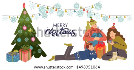 Young people prepares presents near Christmas tree. Isolated Vector flat cute illustration on a white background. Freehand drawing for cards, banners or posters