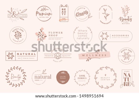 Set of vintage labels and badges for beauty, natural and organic products, cosmetics, spa and wellness, fashion. Vector illustrations for graphic and web design, marketing material, product promotions Royalty-Free Stock Photo #1498951694