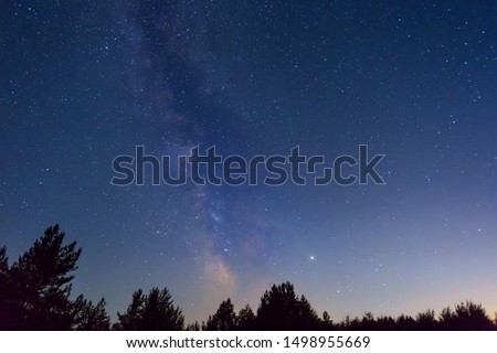 night outdoor scene, night starry sky with milky way above the forest silhouette