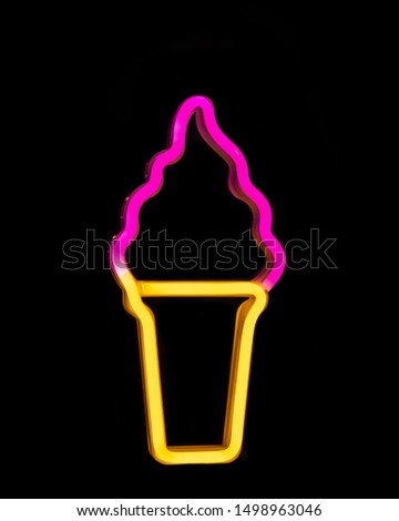 Neon sign for ice cream in black background. Holiday and Summer time.