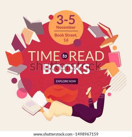 Time to read books vector template with faceless smiling person reading book, place for text and event date. Book fair, reading club, world book day concept