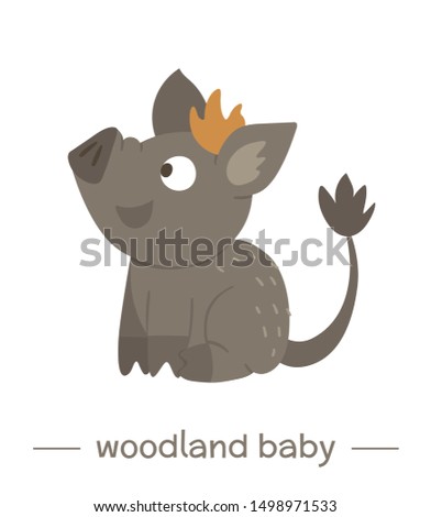 Vector hand drawn flat baby wild boar. Funny woodland animal icon. Cute forest animalistic illustration for children’s design, print, stationery