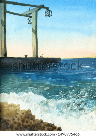 Seascape, surf, sea and waves, coast, concrete structures for raising a boat, old structures