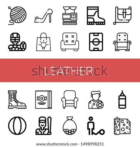 Set of leather icons such as Yarn, American football, High heels, Bag, Slimming belt, Armchair, Boots, Football field, Hand bag, Boot, Ball, Baseball, Footballer, Punching bag , leather