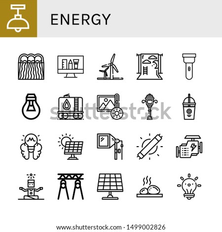Set of energy icons such as Lamp, Hydro power, Idea, Wind energy, Backdrop, Torch, Lightbulb, Tank, Brightness, Street light, Smoothie, Solar energy, Flash, Led light ,