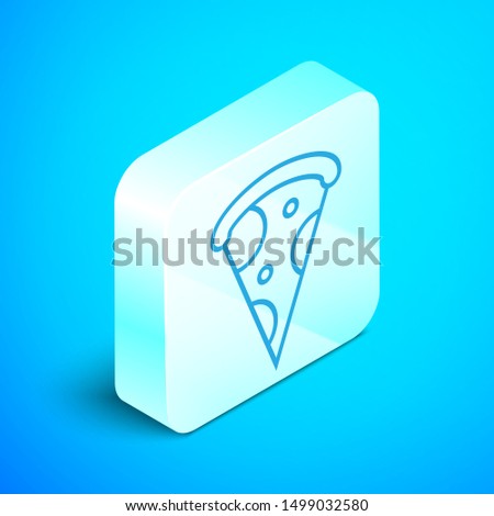 Isometric line Slice of pizza icon isolated on blue background. Fast food menu. Silver square button. Vector Illustration