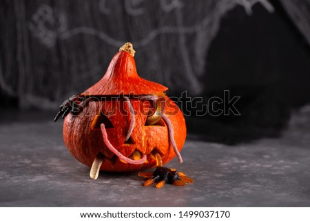 Halloween pumpkin on dark background. Jack o' lantern in Halloween decoration. Copy space.