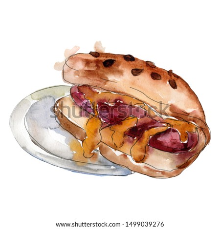 Hot dog Hamburger fast food isolated. Watercolor background illustration set. Watercolour drawing fashion aquarelle isolated. Isolated snack illustration element