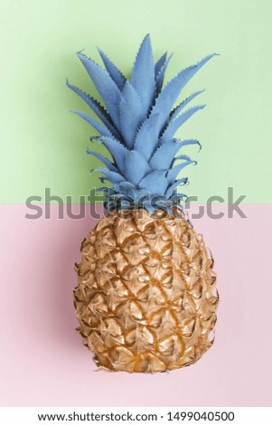 gold and blue pineapple on pink and green pastel background. Minimal style