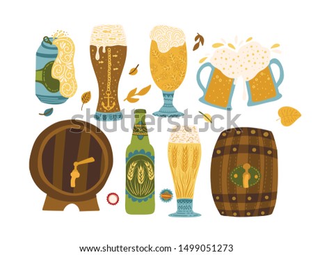Beer festival vector illustration. Oktoberfest clip art ornate colour collection in a flat style. Beer glasses, barrel and bottle.