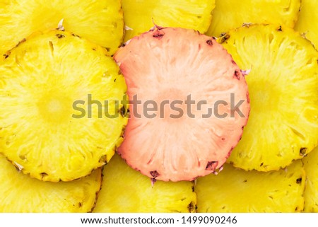 Sliced ripe pineapple pieces lay in pattern, top detailed view. Creative tropical food concept.