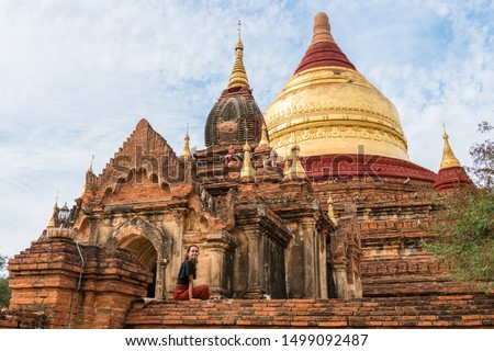 Horizontal picture of important buddhist building called Dhammayazika Pagoda located inside the archeological park of Bagan in Myanmar
