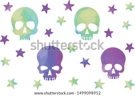 Bright neon human skulls silhouettes and stars set, clip art, stickers, halloween illustration kit isolated on white