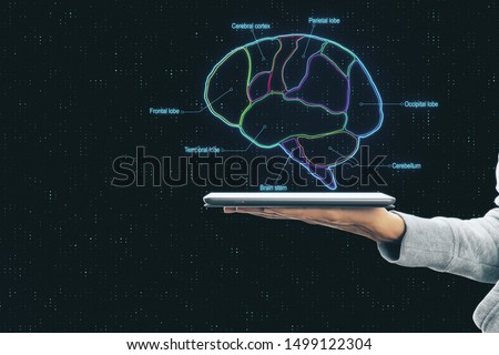 Smart brain concept with brain parts scheme and human hand with digital tablet at dark abstract background.