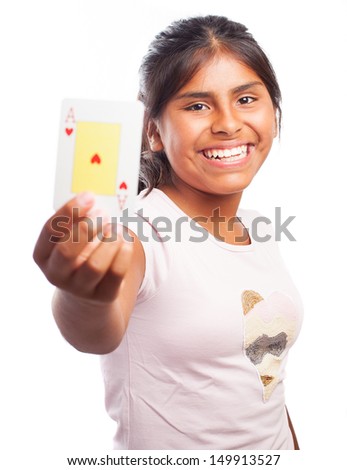 girl holding a poker card  on a white background