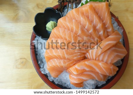 Close up Sashimi Salmon, Set sushi Japanese food. Food background concept ,Top view Copy Space.